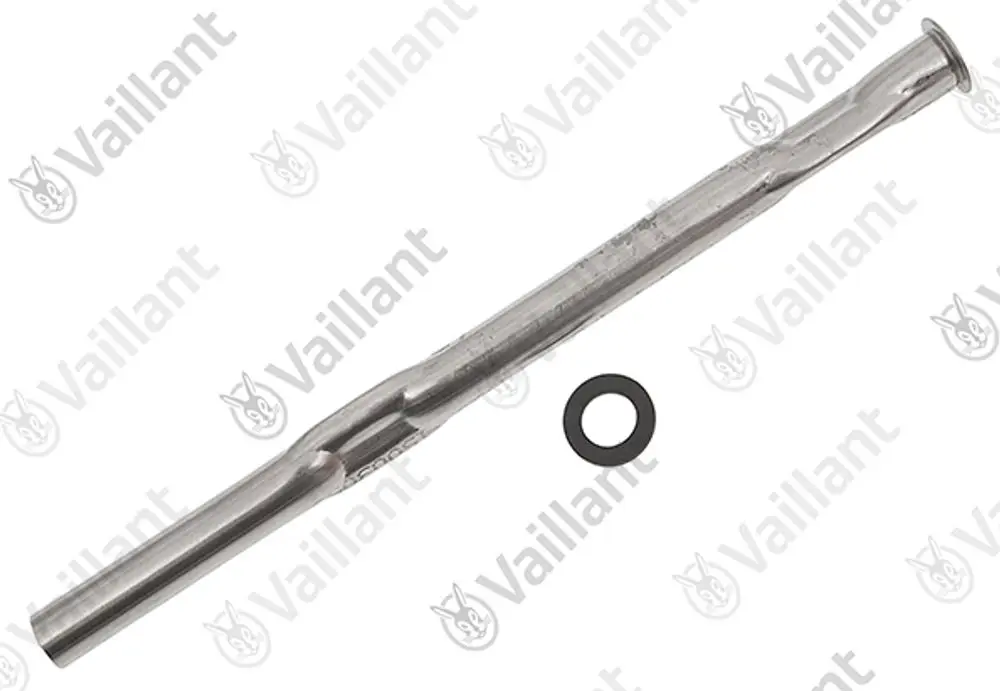 Edelstahlrohr von Vaillant mit einem kreisförmigen O-Ring, geeignet für den Einlass. Das Rohr weist eine durchgehende, glatte Oberfläche auf.
